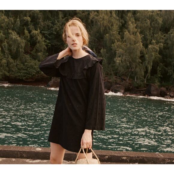 DOEN black Bronte eyelet embroidered ruffle mini dress - Picture 2 of 2